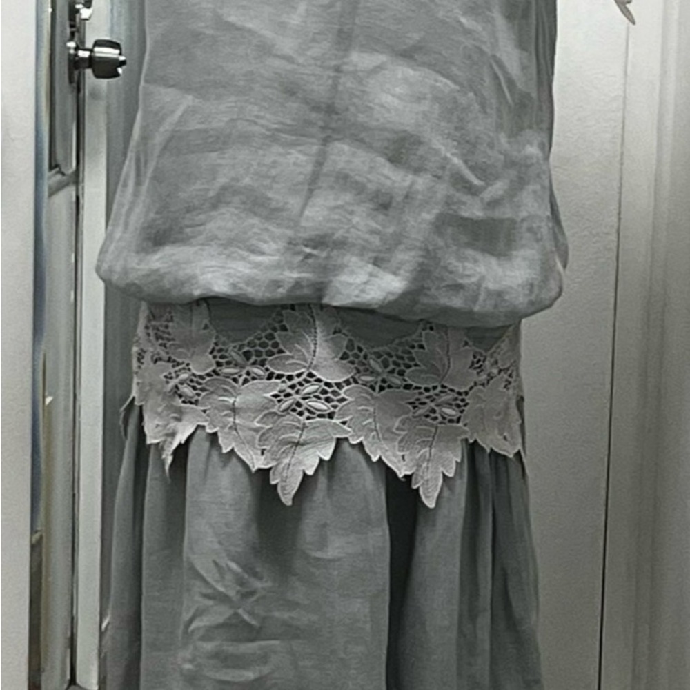 Neman Marcus Victorian dress soft gray linen and Battenberg lace.